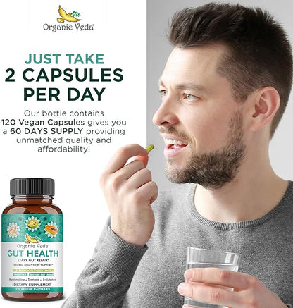 Organic Veda Gut Health Supplement - Leaky Gut Repair Capsules with Papaya Digestive Enzymes, Prebiotics, L-Glutamine, Turmeric - Support Bowel Movement & Cleanse Colon - 120 Count