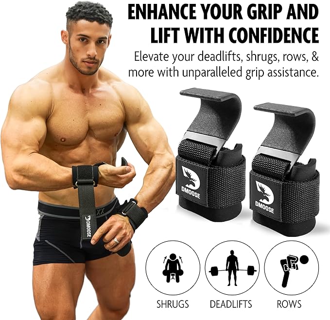 DMoose Fitness Weight Lifting Hooks (Pair) for Deadlifts, Pull Ups & Shrugs - 500 Lbs Capacity, Thick Wrist Padding - Heavy Duty Gym Workout Grips Straps for Men and Women