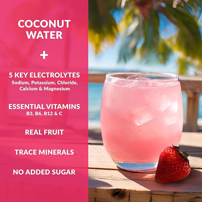 Hydrating Electrolyte Drink Mix - Strawberry Kiwi, 30 Servings - Hydration Powder w/Coconut Water - Non-GMO, No Added Sugar, 5 Key Electrolytes + Vitamins, Natural Trace Minerals