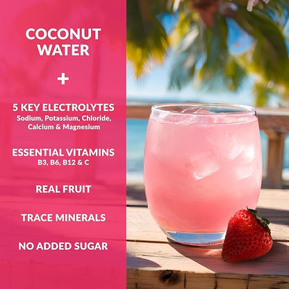 Hydrating Electrolyte Drink Mix - Strawberry Kiwi, 30 Servings - Hydration Powder w/Coconut Water - Non-GMO, No Added Sugar, 5 Key Electrolytes + Vitamins, Natural Trace Minerals