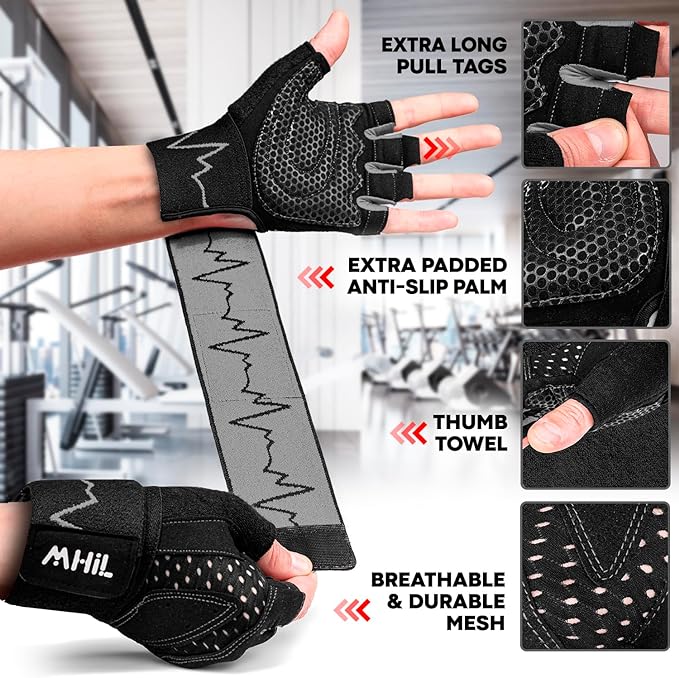 MhIL Workout Gloves for Men – Comfortable Gym Gloves for Men with Enhanced Grip for Safety and Hand Protection – Weight Lifting Protection with Wrist Wraps Support for Performance Boost and Style
