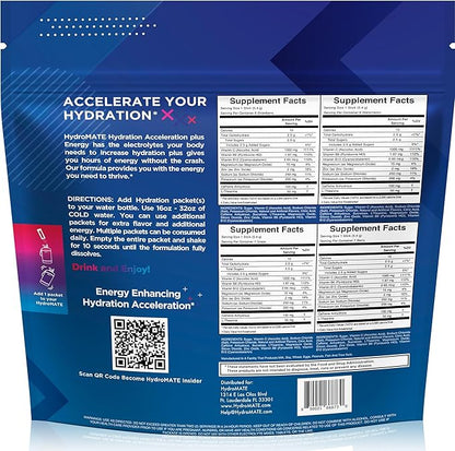 HydroMATE Electrolytes Powder Drink Mix Packets Hydration Accelerator Low Sugar Party Favors for Rapid Recovery Vitamin C Plus Caffeine Variety Pack 30 Count