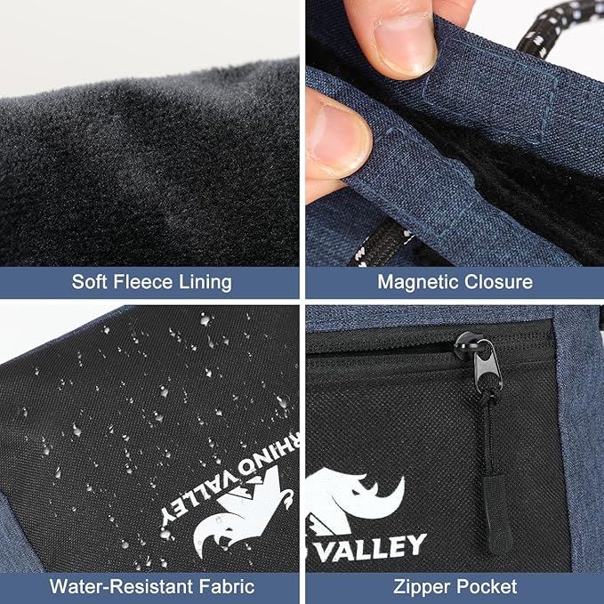 Rhino Valley Chalk Bag for Rock Climbing, No Leak Magnetic Climbing Chalk Bag with Handle, Climbing Chalk Bucket Gear with Adjustable Belt Zipper Pockets for Cross Fit, Weight Lifting
