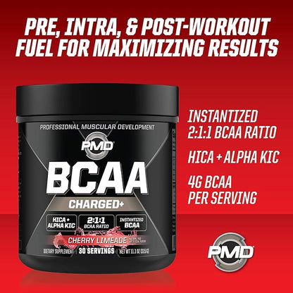 PMD Sports BCAA Charged Delicious Amino Acid Drink Mix for Performance, Recovery, Endurance and Hydration - Increase Muscle Function for Workout and Daily Energy – Cherry Limeade (30 Servings)