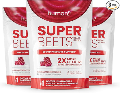 humanN SuperBeets Heart Chews, Nitric Oxide and Blood Pressure Support, Grape Seed Extract & Non-GMO Beet Root Powder Energy Chews, Super Beets Heart Chews, Pomegranate Berry Flavor, 180 Count