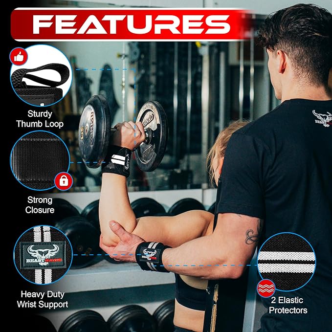 BEAST RAGE Wrist Wraps for Weightlifting - Adjustable Lifting Straps With Thumb Loop for Enhanced Gym Support, Powerlifting, Bodybuilding and Workout