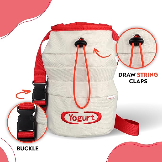 Yogurt Chalk Bag for Rock Climbing, Bouldering, and Weightlifting - Asian-Inspired Design - Premium Chalk Bucket with Quick-Clip Belt, Zipper Pocket, Brush Holder - Great Gift for Climbers