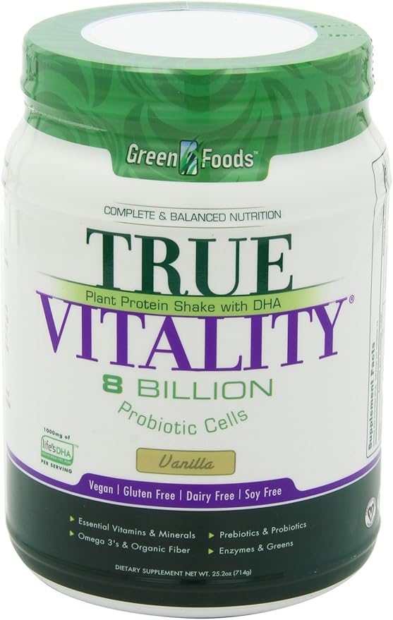 Green Foods True Vitality Plant Protein Shake, Vanilla, 25.2 Ounce (Pack of 2)