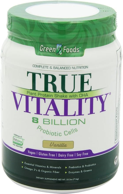 Green Foods True Vitality Plant Protein Shake, Vanilla, 25.2 Ounce (Pack of 2)