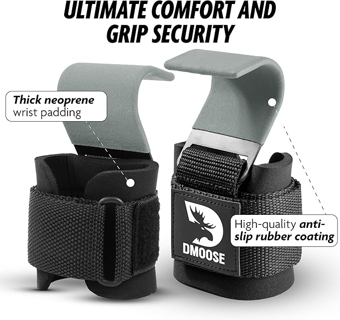 DMoose Fitness Weight Lifting Hooks (Pair) for Deadlifts, Pull Ups & Shrugs - 500 Lbs Capacity, Thick Wrist Padding - Heavy Duty Gym Workout Grips Straps for Men and Women