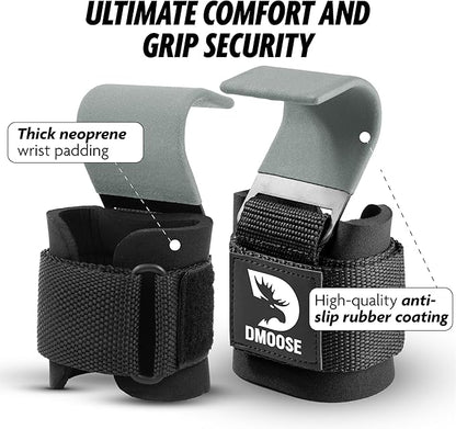 DMoose Fitness Weight Lifting Hooks (Pair) for Deadlifts, Pull Ups & Shrugs - 500 Lbs Capacity, Thick Wrist Padding - Heavy Duty Gym Workout Grips Straps for Men and Women