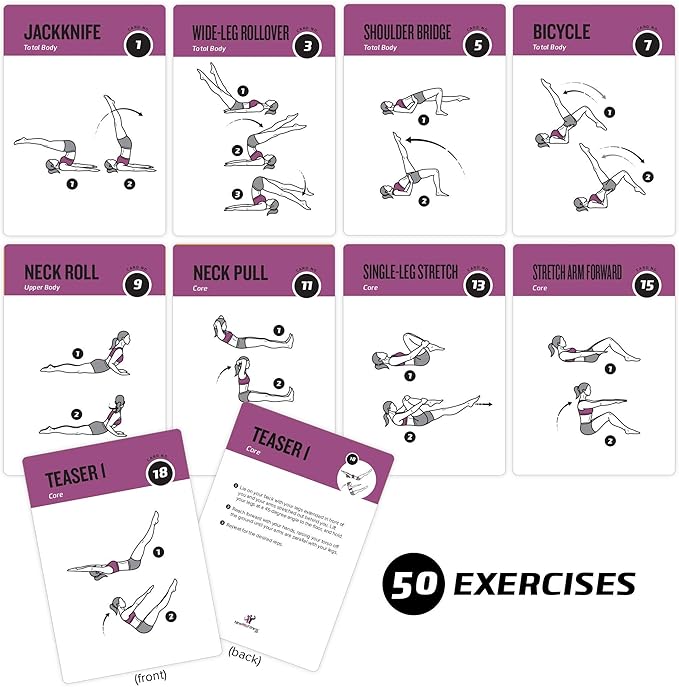 62 Pilates Exercise Cards 50 Exercises, 12 Stretches 6 Training