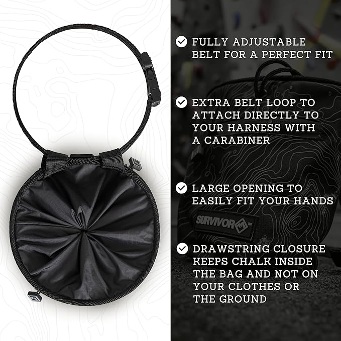 SURVIVOR Chalk Bag + Chalk Ball + Liquid Grip - Iconic Topographical Map, Draw String Closure, 2 Zippered Pockets, & Brush Holder - Bag for Rock Climbing, Bouldering, Weightlifting, Gymnastics & More