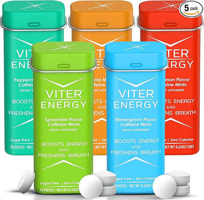 Viter Energy 40mg Caffeine Mints, Sugar Free, B Vitamins, Vegan, Energy & Focus Nootropic Supplement (Variety Flavors, 20pcs, 5 Pack, 100pcs Total)