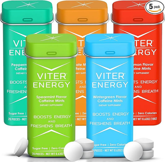 Viter Energy 40mg Caffeine Mints, Sugar Free, B Vitamins, Vegan, Energy & Focus Nootropic Supplement (Variety Flavors, 20pcs, 5 Pack, 100pcs Total)