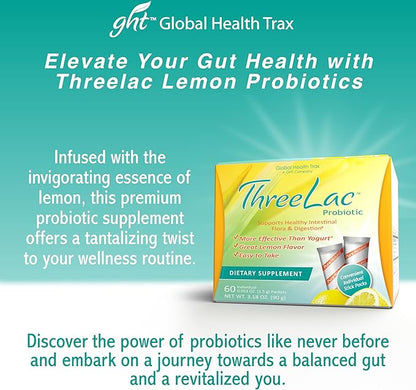 ThreeLac Lemon Probiotic Drink Mix for Digestive Health - Advanced Probiotic Powder Formula for Men, Women, and Kids - Immune Support & Gut Balance, Non-GMO - 120 Packets