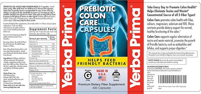 Yerba Prima Prebiotic Colon Care Capsules, 400 Caps (Pack of 2) - Five Forms of Dietary Fiber Supplement - Healthy Soluble & Insoluble Fibers for Regularity & Digestive Support