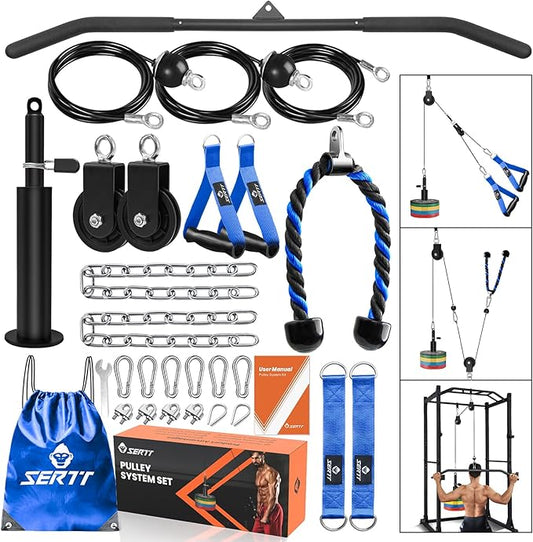 SERTT Home Gym Pulley System - Tricep Workout, Lat Pulldown, Biceps Curl, Triceps, Shoulders, Back, Forearm, Weight Cable for Squat Rack, Garage