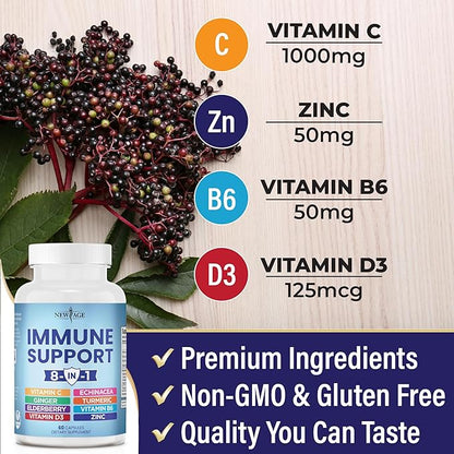 NEW AGE 8 in 1 Immune Support Booster Supplement with Echinacea, Vitamin C and Zinc 50mg, Vitamin D 5000 IU, Turmeric Curcumin & Ginger, B6, Elderberry (8 in 1 Capsules (Pack of 5))