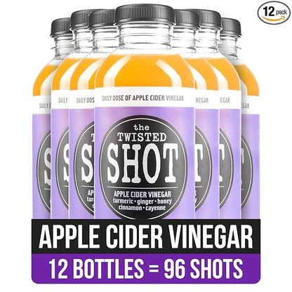 The Twisted Shot | Apple Cider Vinegar Wellness Shots with Honey, Cinnamon, Ginger and Turmeric | Digestion, Immunity and Gut Health Support | Ready to Drink Shots | 100% Organic | 12, 16 oz Bottles