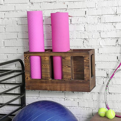 MyGift Wall Mounted Vintage Gray Solid Wood Yoga Mat Holder Fitness Gym Foam Roller Storage Organizer, Floor Standing Sports Exercise Mat Rack