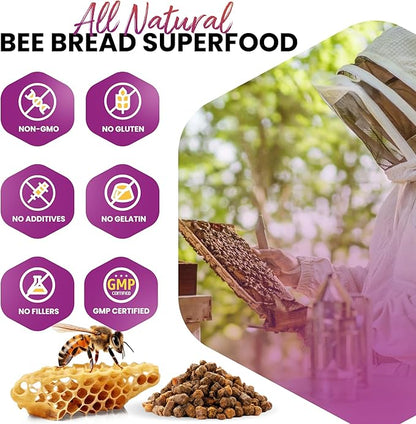 Bee Bread Supplement 100% Natural Raw Bee Bread in Veggie Caps Fermented Pollen Multivitamin, Probiotic Superfood, Vital Proteins, Amino Acids, Immune Support & Energy 60 Perga Capsules
