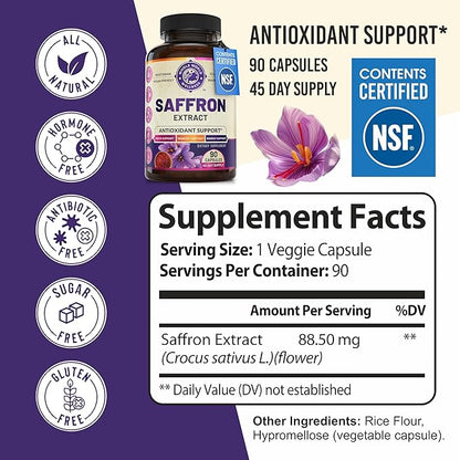 100% Pure Saffron Extract - NSF Certified. Supports Weight and Appetite Health, Mood, Focus, Memory, Digestion, Eye, Skin and Brain Health. Saffron Supplements for Women and Men, 45-Day Supply.