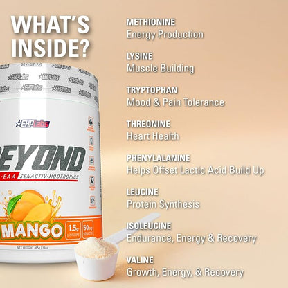 EHP Labs Beyond BCAA Powder Amino Acids Supplement for Muscle Recovery - 8g of Sugar Free BCAAs Amino Acids Post Workout Recovery Powder & 10g of EAA Amino Acids Powder - 60 Servings (Mango)