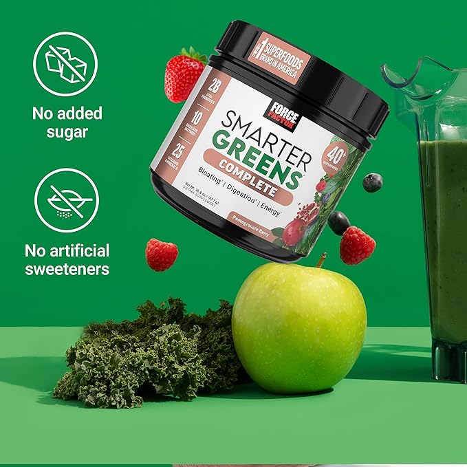 FORCE FACTOR Smarter Greens Superfoods + Digestion Powder, 3-Pack, Greens Powder with 2 Billion Probiotics, Digestive Enzymes, and Antioxidants to Detox, Cleanse, and Support Immunity, 90 Servings
