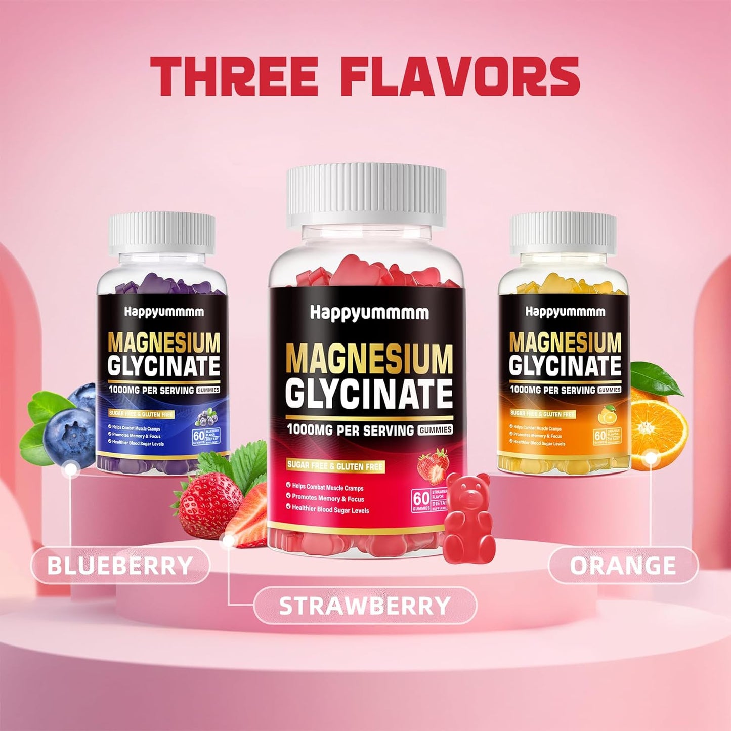 Magnesium Glycinate Gummies 1000mg - Sugar Free Magnesium Potassium Supplement with Vitamin D, B6, CoQ10 for Calm Mood & Sleep Support - 60 Strawberry Gummies.