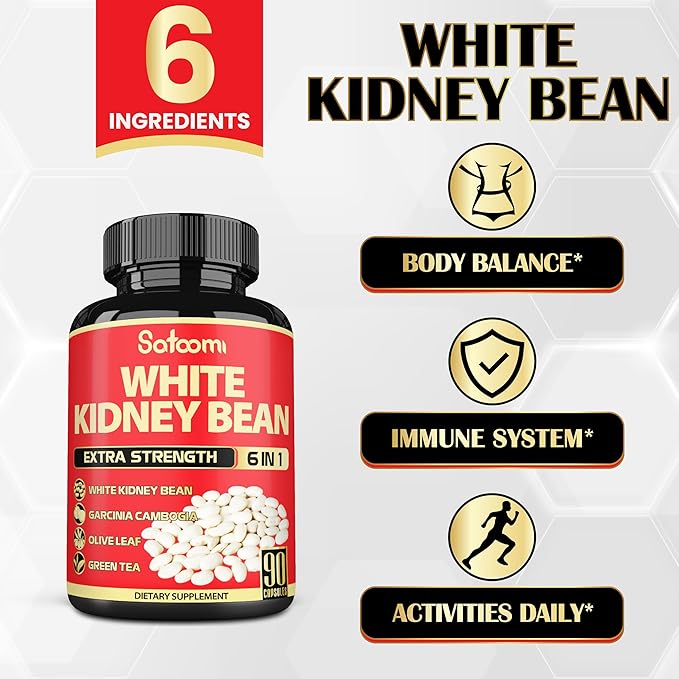 6 in 1 White Kidney Bean Extract Capsules -90 Capsules -3 Month Supply - Extra Blend with Olive Leaf, Green Coffee Bean & Green Tea - Support Carb Scale Down