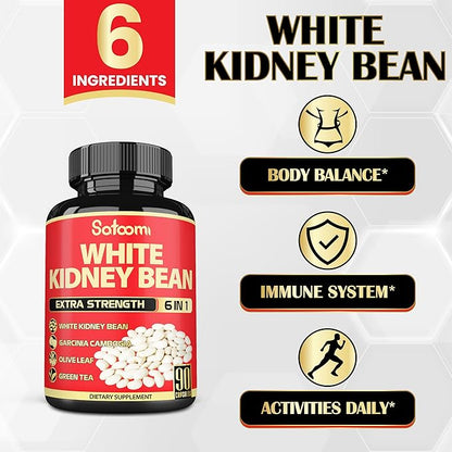 6 in 1 White Kidney Bean Extract Capsules -90 Capsules -3 Month Supply - Extra Blend with Olive Leaf, Green Coffee Bean & Green Tea - Support Carb Scale Down