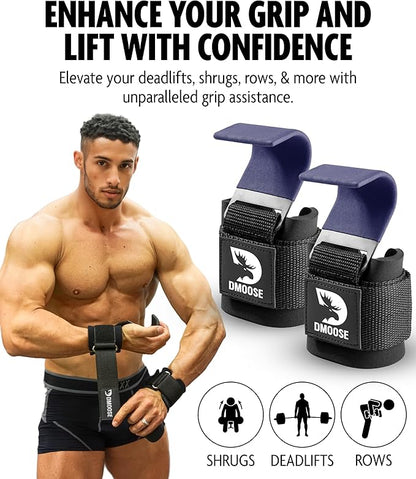 DMoose Fitness Weight Lifting Hooks for Men & Women (Pair) - 8 mm Thick Wrist Padding - Weight Grips for Powerlifting, Shrugs, Rows & Deadlift Support - Gym Lifting Straps with Pull Up Hooks