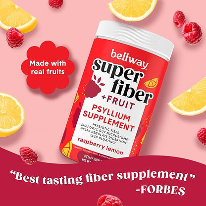 Bellway Super Fiber Powder + Fruit (5 Pack), Sugar Free Organic Psyllium Husk Powder Fiber Supplement for Regularity, Bloating Relief & Gut Health, Non-GMO, Plant-Based, Raspberry Lemon (250 Servings)