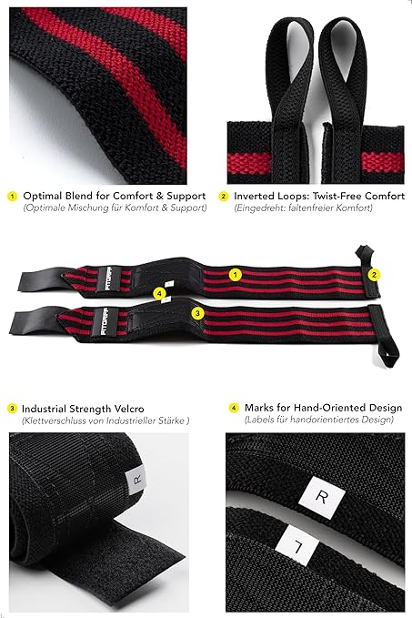 Fitgriff® Wrist Wraps for Weightlifting (18") Heavy-Duty Support for Gym, Bench Press, and Pushups (1 Pair) - for Men and Women (Black/Red)