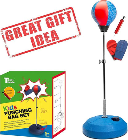 TechTools Punching Bag for Kids, Reflex Boxing Set With Stand - Includes Boxing Gloves, Height Adjustable - Gifts Idea for Boys and Girls Ages 3-8 Years Old