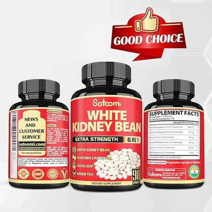 6 in 1 White Kidney Bean Extract Capsules -90 Capsules -3 Month Supply - Extra Blend with Olive Leaf, Green Coffee Bean & Green Tea - Support Carb Scale Down