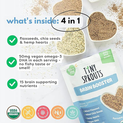 Superseed Organic Milled Chia, Flaxseed and Hemp Heart Brain Booster with Vegan Omega-3 DHA S Prebiotic Fiber Protein Gluten Free Seeds for 6M+ Babies Toddlers & Kids (7oz x 2 Pack)
