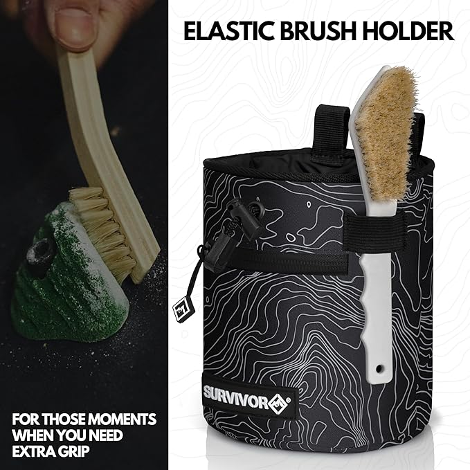 SURVIVOR Chalk Bag + Chalk Ball + Liquid Grip - Iconic Topographical Map, Draw String Closure, 2 Zippered Pockets, & Brush Holder - Bag for Rock Climbing, Bouldering, Weightlifting, Gymnastics & More