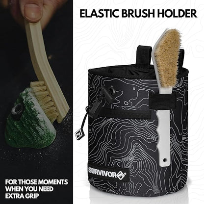 SURVIVOR Chalk Bag + Chalk Ball + Liquid Grip - Iconic Topographical Map, Draw String Closure, 2 Zippered Pockets, & Brush Holder - Bag for Rock Climbing, Bouldering, Weightlifting, Gymnastics & More