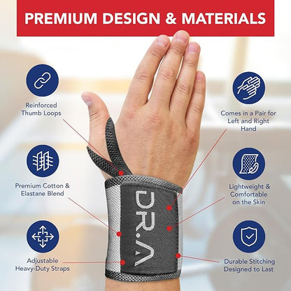 Dr. Arthritis Weight Lifting Wrist Wraps with Thumb Loop, Heavy-Duty Gym Wraps & Hand Strap to Help Joints During Hybrid Training, Non-Slip Wrist Straps for Weightlifting Men & Women Use (Grey-White)