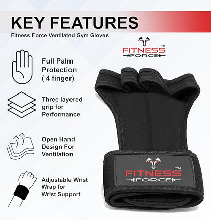 FITNESS FORCE Ventilated Gym Gloves for Men with Built-in Wrist Support for Workouts Weightlifting Gloves Workout Gloves for Women Exercise Fitness Gloves Perfect for Powerlifting, Cross Training