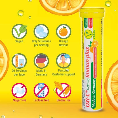 T&D Oxi C 1000 mg Vitamin C - 140 Vegan Drink Effervescent Tablets - Orange Flavor - Made in Germany