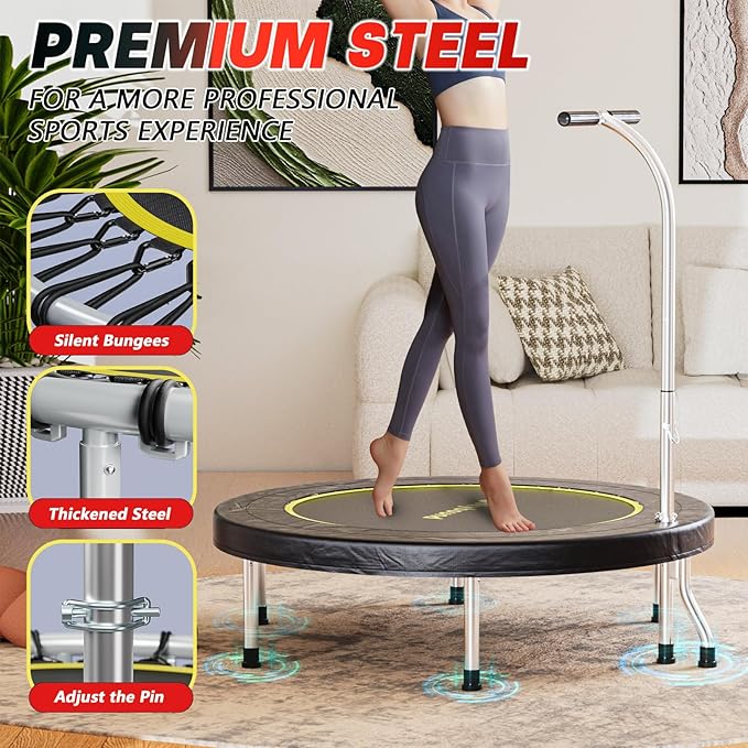 SkyBound Boogie Bounce Elite Foldable Mini Trampoline Fitness Rebounder with Adjustable T-Bar Handle - Exercise Trampoline for Adult - Fitness Trampoline for Workout Trainer