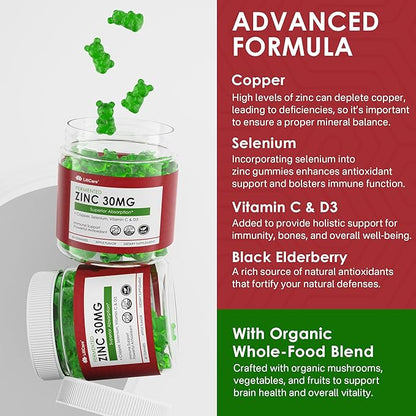 Zinc Gummies 30mg, High Absorption Fermented Zinc Supplements + Copper, Selenium, Vitamin C & D, Black Elderberry, Zinc Complex for Daily Immune Support, Powerful Antioxidant, Vegan, Sugar Free 2 Pack