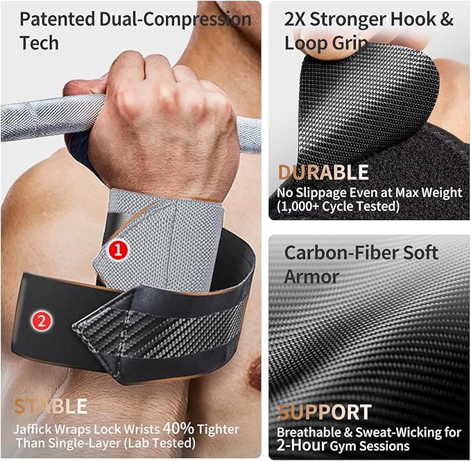 Jaffick Double-Layer Reinforced Wrist Wraps for Weightlifting - Men & Women, Thumb Loop Design for Powerlifting, Crossfit, Bodybuilding, Deadlifting - Fits Both Hands