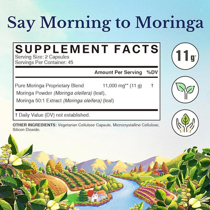 Vitalitown Moringa Capsules 11,000 MG, Pure Moringa Supplement, Green Moringa Leaves, No Sticks, No Caffeine, Moringa Oleifera, Energy, Appetite, 90 Capsules
