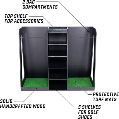 GoSports Premium Wooden Golf Bag Organizer and Storage Rack - Black, White or Brown Finish - Holds 2 Golf Bags