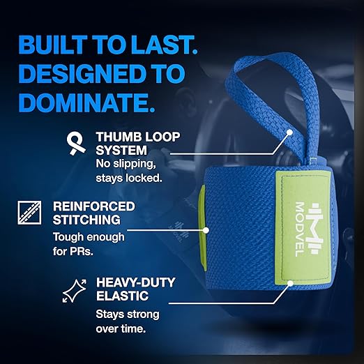 Modvel Adjustable Wrist Wraps for Gym & Lifting – Thick, Breathable Support Straps for Wrist Stability, Comfort & Grip – Ideal for Weight Training, CrossFit & Gym Workouts – Blue/Green (2-Pack)