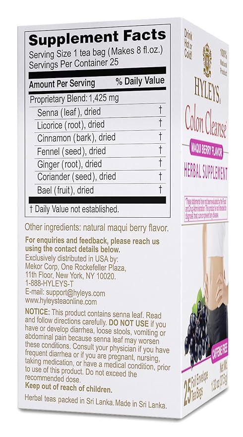 Hyleys Colon Cleanse Tea Maqui Berry Flavor - 25 Tea Bags (1 Pack)